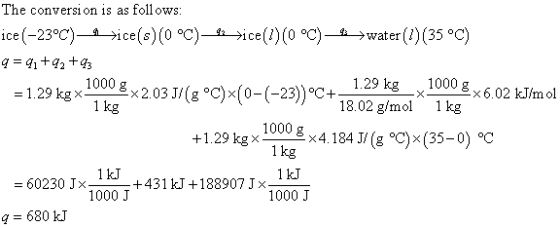The conversion is as foll ows: ice (-23°C)」→íce(s) (0 °C)--ice(1) (0 °C)亠water (1) (35 °C) 1000gx2031/(s*C)x(0-(-23))C+ 1802