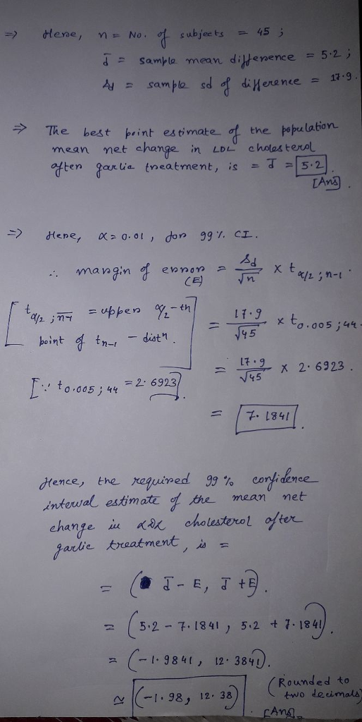 d sample mean, dittenence = 5.2.3 ere nee ラ> The best kint estimate_of thepopulation mean met change in LDL cholas terol yte