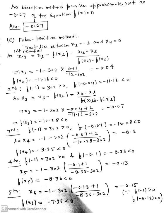 approximate root as -0.27 (M)=0 so bisection metrod provides tre Equations fins Ami 0.27) q ist iteration! so x2 =112 -12-302