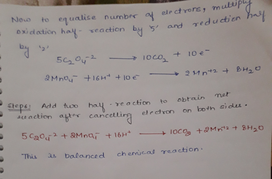 Now to equalise number of electrons, mut oxidation hay reaction by 5 ar and reduction half ion by 5 5C₂ 042 & loco al nou +I