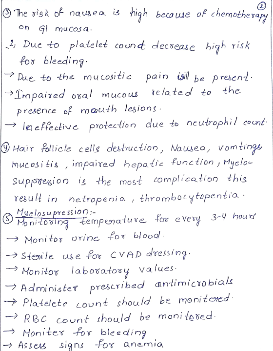 high becouwe of chemotherapy (3 The isk of nausea is on Gl mucos a Due to platelet cound decrease high risk for bleeding Due