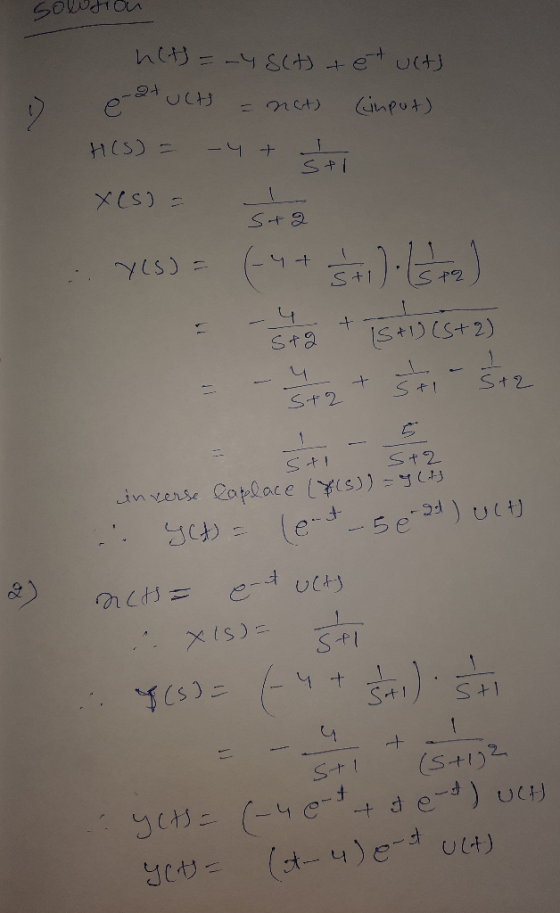 Sowtion hlt) = -4 SCH) + et uct e-at ucts = n(t) Comput) H(S) = -4 + sti Xcs) = Sta . Yes) = (-4+ Sti) .lsta) + 15 +1 +5+23 -