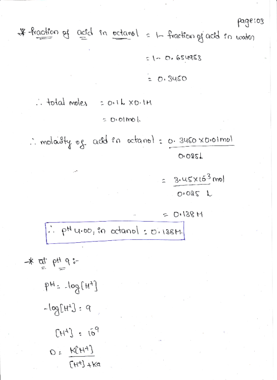 * fraction of Page:03 acid in octanol at fraction of acid in water ola 0.654953 0.3450 i total moles : ooh NO.1M - Domoly :.