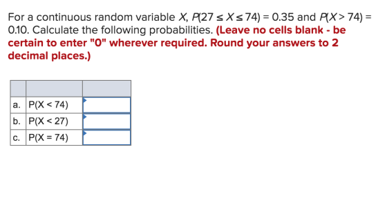 For a continuous random variable X, P(27 sxs 74) = 0.35 and PIX> 74) = 0.10. Calculate the following probabilities. (Leave no