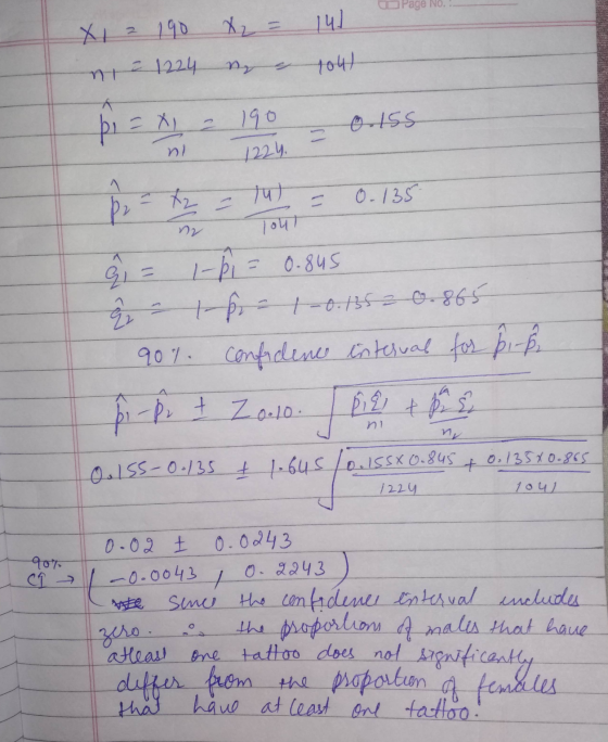 Page No. X 1 = 190 no 1041 ne 1224 pi= x 그 190 Ooiss 그 ni 1224 ta = - 0.135 1oul 1 gi 1-P = 0.845 - 16 - 1 -0.135= 0.865 90%