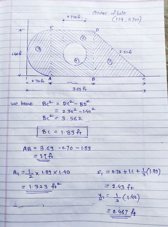 0.750 ft. Centre of hole (114,0.7002 2.35fé o Toft * TN- ott 3.69 ft we know Bc² = De² - BD² = 2.352 -1.402 B = 3.562 - BC =