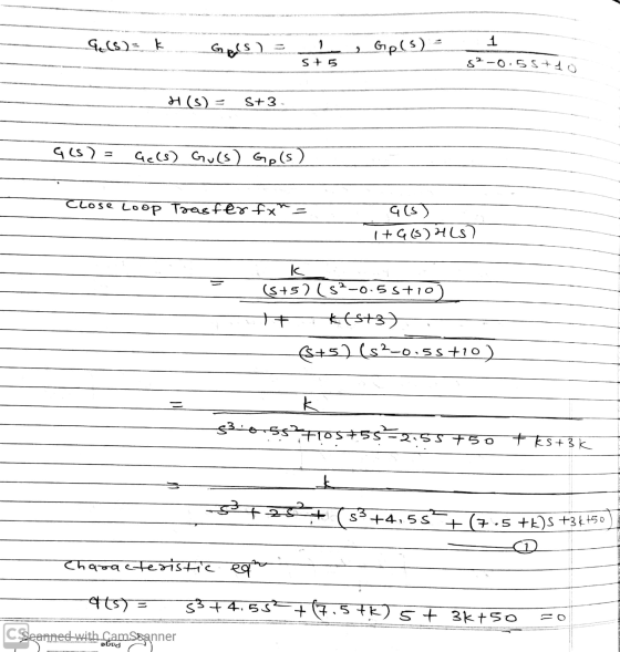 Ge(s): k. Geurs) - Gps) 1 st5 s²-0.5stlo H (S): S+3 Ges) = Ge(s) Gucs) Gp (s) Close Loop Trasfer fxn= a(s) I+G(S) H15) (5+52