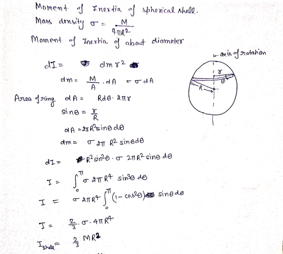 Moment of Inertia of spherical shell.. Mans density Moment of Inesha of about diameter -axis of Srotation di= cm 82 dm = Mida
