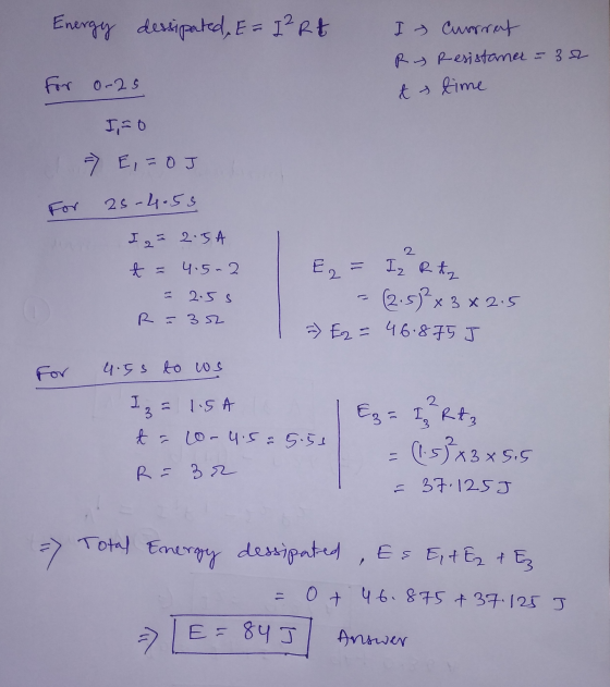 Energy dessipated, E = I²R & I Current R Resistaner = 32 For 0-25 t time IFO - E,=0J For 25-4.55 2 I 25 = 2.5A t = 4.5.2 2.5