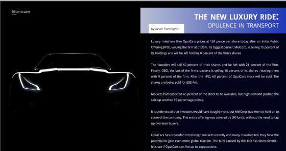 Silicon trader THE NEW LUXURY RIDE: OPULENCE IN TRANSPORT by Kevin Harrington Luxury rideshare firm OpulCars prices at 124 pe