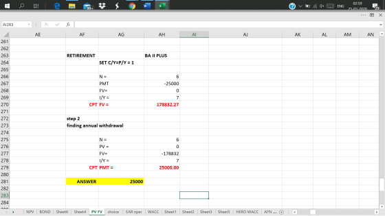 02:59 ® v a ax 2 ENG 25-03-2020 29 • 7 X A1283 1 X ✓ fx AE AE AF AG AH AH AL AK AL AM AN - 261 262 263 RETIREMENT BA II PLU