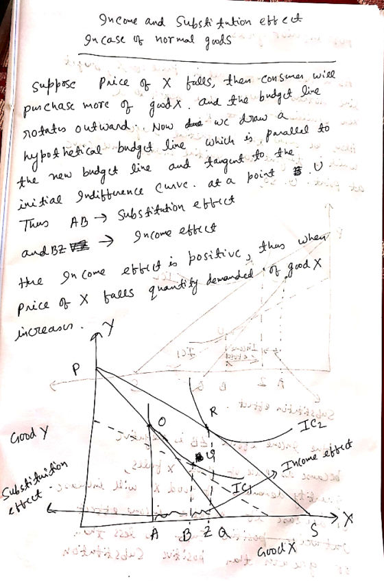 Income and substitution effect In case of normal goods 0 at a pouz e tus suppose Price of x fulls, then consumer will purcha