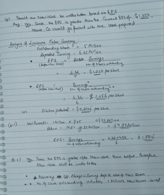(6) Should the New issue be undertaken based on Eps. Ans: Yes, since the EPS is greater than the Current EPS of $1.354 Hence,