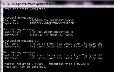 CTCicipher bin Debuglcipher.exe nter the shift parameter: ncrypting message iphertext: iphertext: Plaintext: ABCDEFGHIJKLMNOP