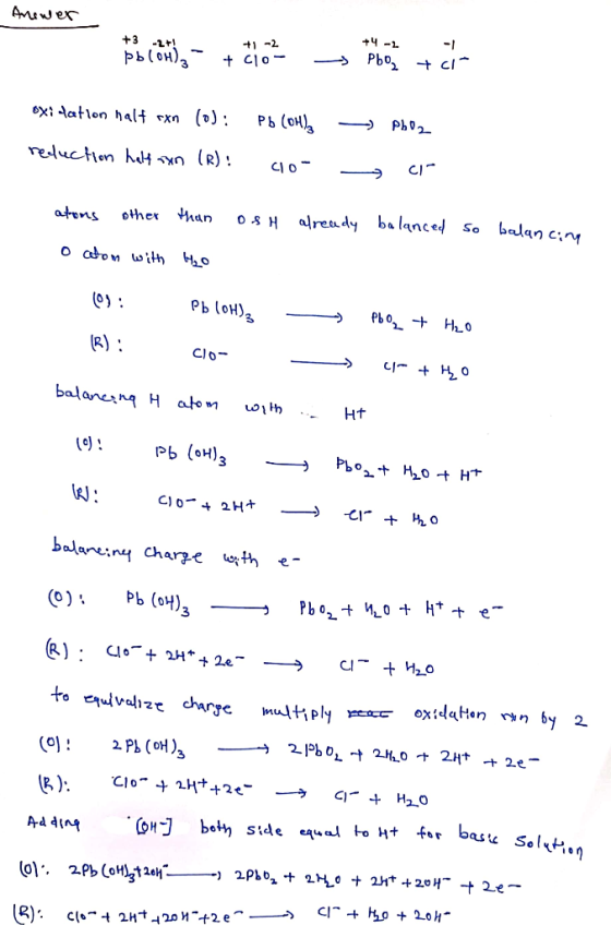 Anewer + 3 H)2 + CO +4 -2 Pbo -1 + cia oxidation halt ron (o): Pb(OH) Pho2 reduction half san (R): co- cr atons other than OS