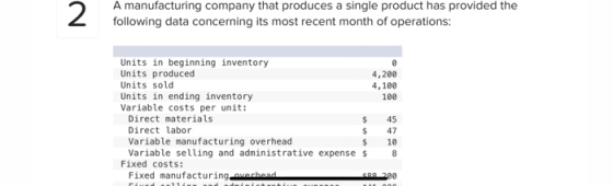 2 A manufacturing company that produces a single product has provided the following data concerning its most recent month of