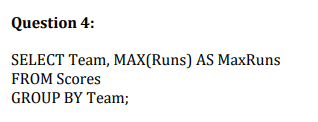 Question 4: SELECT Team, MAX(Runs) AS MaxRuns FROM Scores GROUP BY Team;