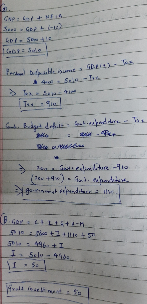 GNP = GDP & NFIA Sood = GDP + (-10) Gor - 500 tlo GOP = 5000 Tax. Personal Disposable income - GoPry) - - 3 4100 - 010 - Tat