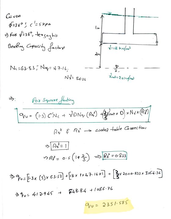 Given $=3095 W claskea =) for 4:36?, terzaghis Bearing Capacity factors 1:18 kN/m3 2ml N<=63-53; Na-:4716; 2, No=54.36 Ysut 2
