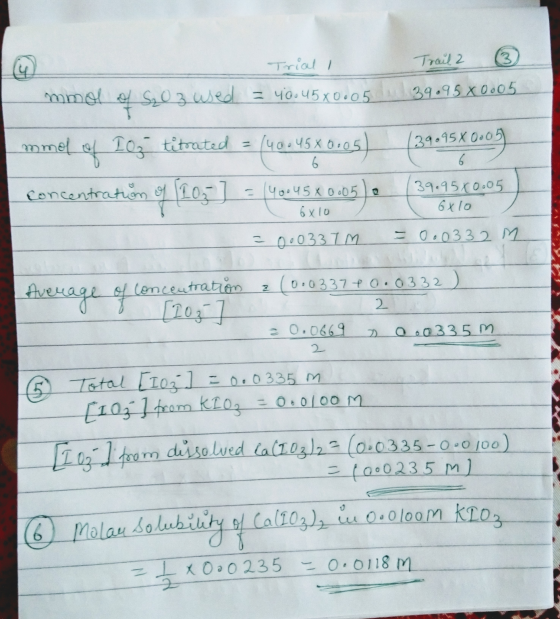 Trial I Trail 2 ③ mmel e S2O3 used = 40.45X0.05 39.95 X0.05 mmol of 10 titrated = (400 4500.05) 139095X0.05) concentration of