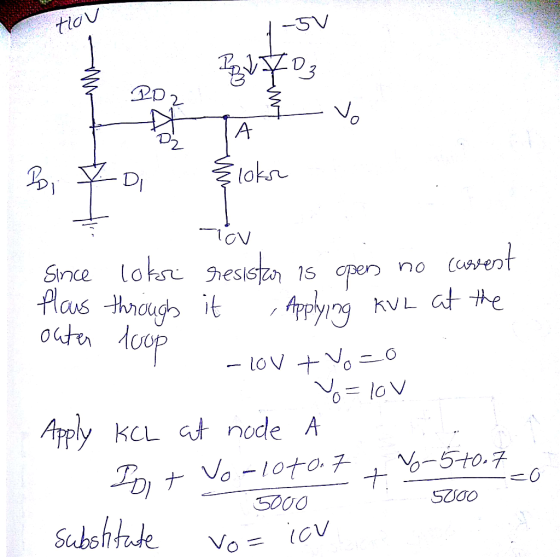Pov 03 Slokar to you Since Plous loksi resister is open no cuvent through it . Applying KVL at the outer loop lov tvo=0 Y= 10