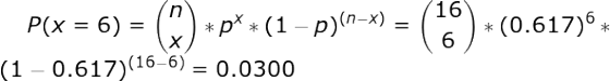 \large P(x=6)=\binom{n}{x}*p^x*(1-p)^{(n-x)}=\binom{16}{6}*(0.617)^6*(1-0.617)^{(16-6)}=0.0300