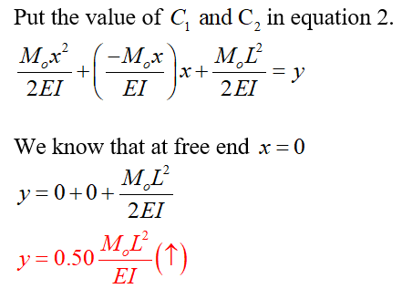 Put the value of C, and C, in equation 2. Mx? (-M x M L = v 2E1 | EI ** 2EI-> IX+ We know that at free end x = 0 y=0+0+ 251 y