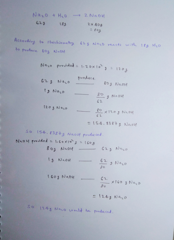 Na2O + H₂O 629 189 2 NaOH 2x 40g 80g According to produce 62g Nazo reacts with to stoichiometry sog Noon 189 H₂O Nao provided