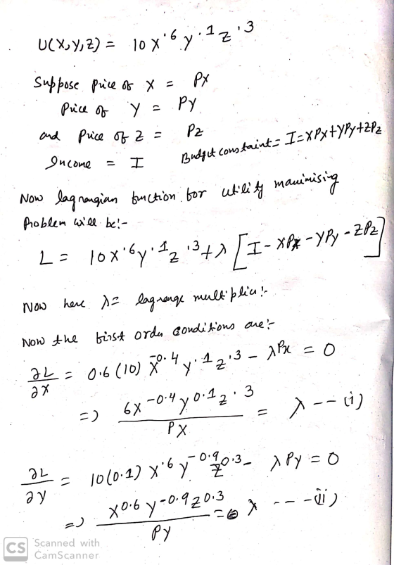 U(X, Y, 2) = 10 x64:17 3. Į Budget constaint= I=XP xtypytZP2 - Suppose price of x = PX . Puce of y=.PY . and price of Z = P2