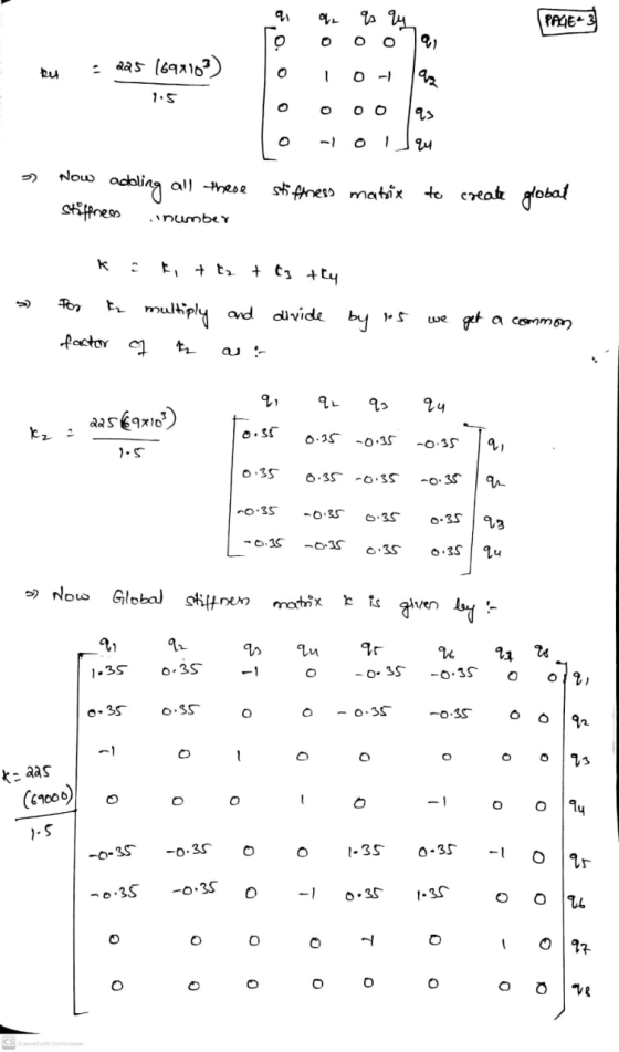 21 2 qs q PAGE o 0 O 225 (692107) tu 0 оо q 1 0 O o 1 94 Now adoling all these stiffness stiffness matrix to create global nu
