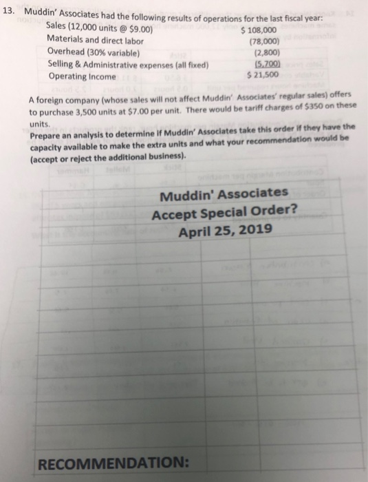 13. Muddin Associates had the following results of operations for the last fiscal year n Sales (12,000 units@$9.00) $108,000