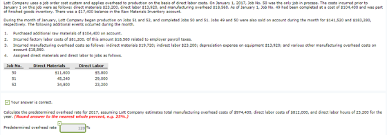 Lott Company uses a job order cost system and applies overhead to production on the basis of direct labor costs. On January 1, 2017, Job No. 50 was the only job in process. The costs incurred prior to January 1 on this job were as follows: direct materials $23,200, direct labor $13,920, and manufacturing overhead $18,560. As of January 1, Job No. 49 had been completed at a cost of $104,400 and was part of finished goods inventory. There was a $17,400 balance in the Raw Materials Inventory account. During the month of January, Lott Company began production on Jobs 51 and 52, and completed Jobs 50 and 51. Jobs 49 and 50 were also sold on account during the month for $141,520 and $183,280 respectively. The following additional events occurred during the month. Purchased additional raw materials of $104,400 on account. 1. 2. 3. Incurred factory labor costs of $81,200. Of this amount $18,560 related to employer payroll taxes. Incurred manufacturing overhead costs as follows: indirect materials $19,720; indirect labor $23,200; depreciation expense on equipment $13,920; and various other manufacturing overhead costs on account $18,560 4. Assigned direct materials and direct labor to jobs as follows. Job No 50 51 52 Direct Materials Direct Labor $11,600 45,240 34,800 $5,800 29,000 23,200 Your answer is correct. Calculate the predetermined overhead rate for 2017, assuming Lott Company estimates total manufacturing overhead costs of $974,400, direct labor costs of $812,000, and direct labor hours of 23,200 for the year. (Round answer to the nearest whole percent, e.g. 25%.) Predetermined overhead rate