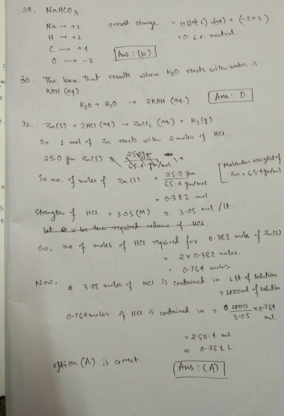 29 NaHco3 Na L (spre )la)2x3) ortrall H 2 .menrk Ans: (o) -2 The bar tunt resntts ohem Ko rets witho waten is koH Cag) 30 Ams