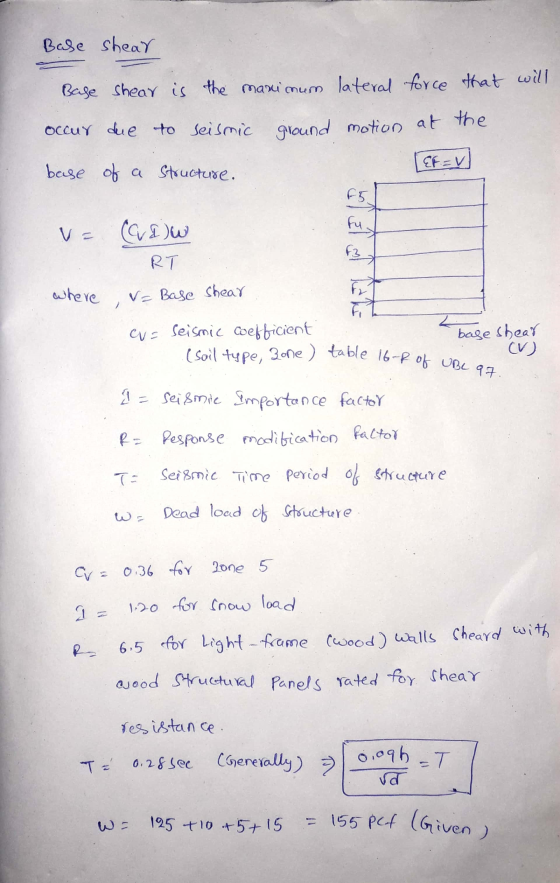 that will Base shear Base shear is the maximum lateral force occur due to seismic ground motion at base of a Structure. the V