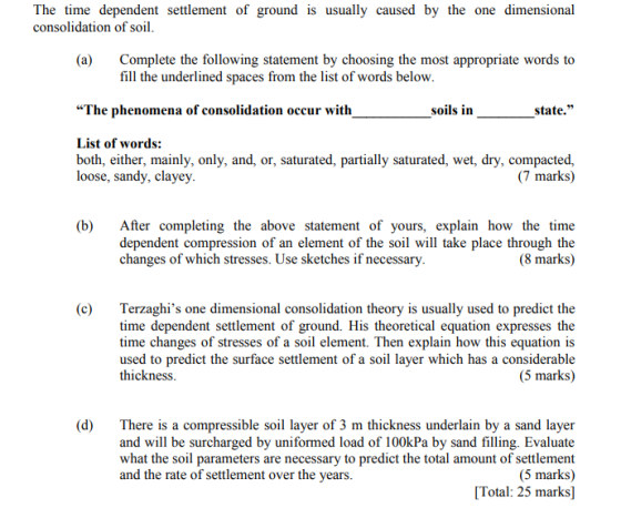 The time dependent settlement of ground is usually caused by the one dimensional consolidation of soil. (a) Complete the foll