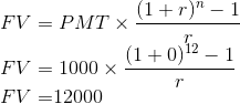 FV = PMT X (1+r) – 1 FV = 1000 X (1+0)12 - 1 FV =12000