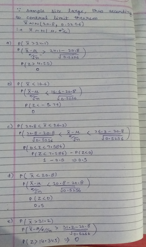 theoram : sample size large, thus according central limit XNN (20.8, 0.5256) 7 ~ N/M, 52) a) PCX 24.1) PX-1 24.120.8 In Jo.52