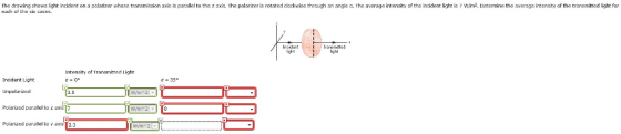 The drawing shaws light incident on a palarizer whose transmission axis is parallel to tha z axis. The polarizer is rotated clickwise through an angle n. T average intensity of the incident light is T w/m2. Determine the average intensity af the transmitted light for ach of the tensity of Tra itted ght Incident Light 35 123 Polarized parallel to z axisT7 olarized parall Wim 2