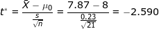 \LARGE t^* = \frac{\bar X - \mu_0}{\frac{s}{\sqrt{n}}} = \frac{7.87 - 8}{\frac{0.23}{\sqrt{21}}} =-2.590