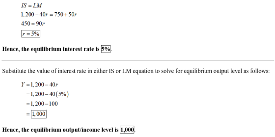 IS-LM 1,200-40r 450 = 90r 750+50r Hence, the equilibrium interest rate is 5%. Substitute the value of interest rate in either