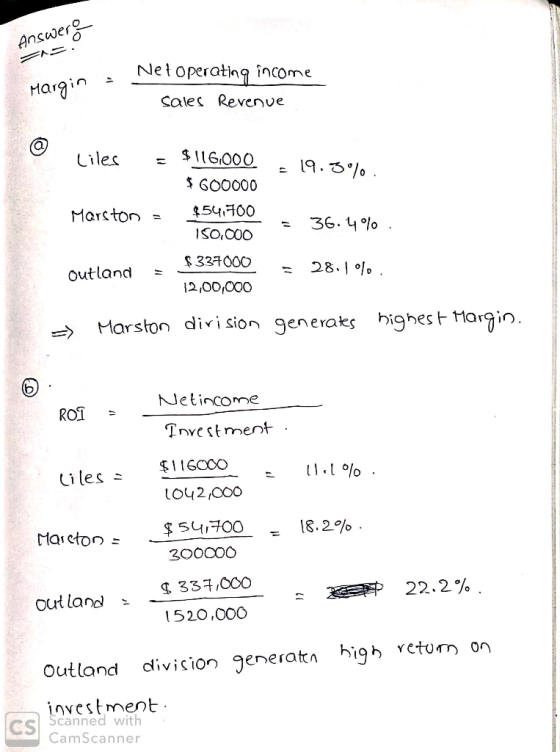 Answers in Margin = Nelope Net operating income Sales Revenue Liles = $116,000 $ 600000 = 19.3%. = 36.4%. Marston = $54,700 1