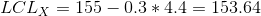 LCL_{X}=155-0.3*4.4 = 153.64