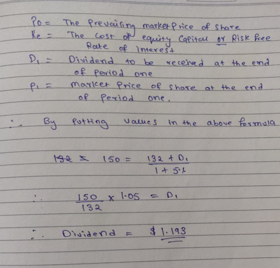 20= Re - D = The prevailing market price of share The Cost of equity Capital or Risk free Rate of interest Dividend to be rec