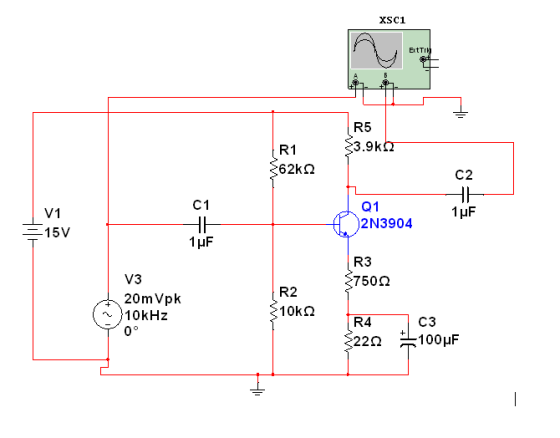 XSC1 ExtT R5 3.9k R1 C2 C1 V1 15V Q1 2N3904 R3 750? V3 R2 20m Vpk 10kHz R4 22? C3