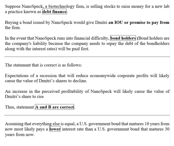 Suppose NanoSpeck, a biotechnology firm, is selling stocks to raise money for a new lab a practice known as debt finance. Buy