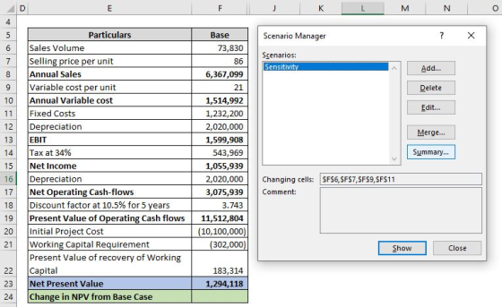 D E F K M N o 4 X 5 Scenario Manager ? 5 7 Scenarios: Sensitivity Add... 8 Delete 9 10 Edit... 11 Merge... 12 13 14 Base 73,8