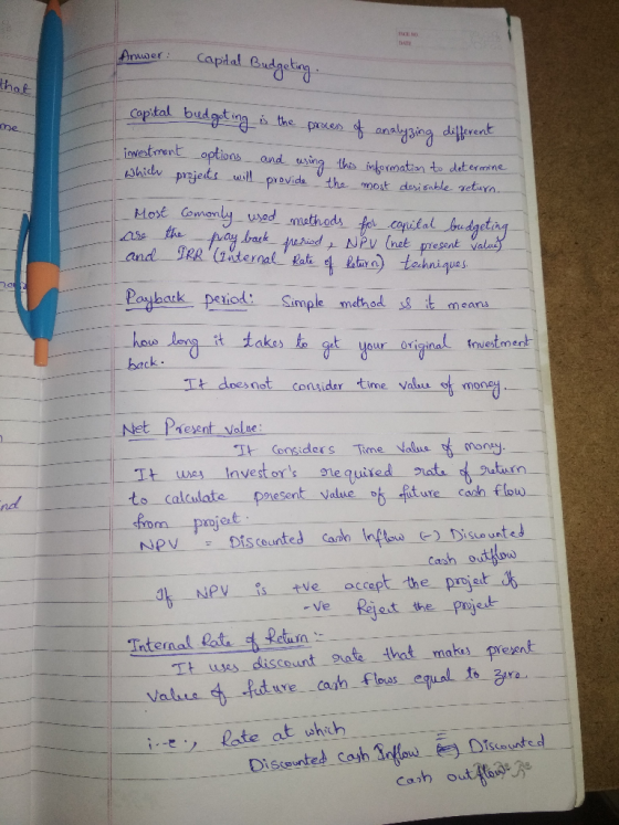 DATE captal Budgeting Anwer thot budgeting Coptal -the paen onalysing dieren me iavestment options and using this inkornation
