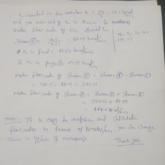 0. 21 O reacted in the reactor is = 37 = 18.5 kemal and no entoer exit of O, is there so mates of malar flow rate of air shou