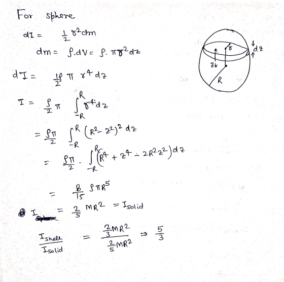 For sphere di = £82cm dm = f.dv = f. 178?dz dI= f rt az RE - pe SP (R-32)2 dz = FT 5984 +2+ - 2.82 22 Ja2 = SIRS 2 MR2 = Iso