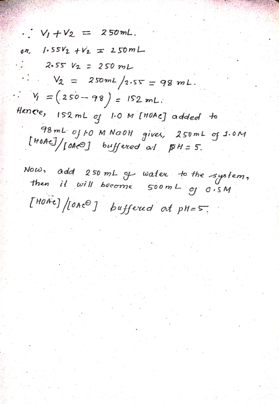 :: Vit V2 = 250mL. or 1.55V2 +V2 I 250 mL 2.55 V2 = 250 ml :: V2 = 250 mL/2.55 = 98 ml. ..; v = (250–98) = 152 ml. Hence, 152
